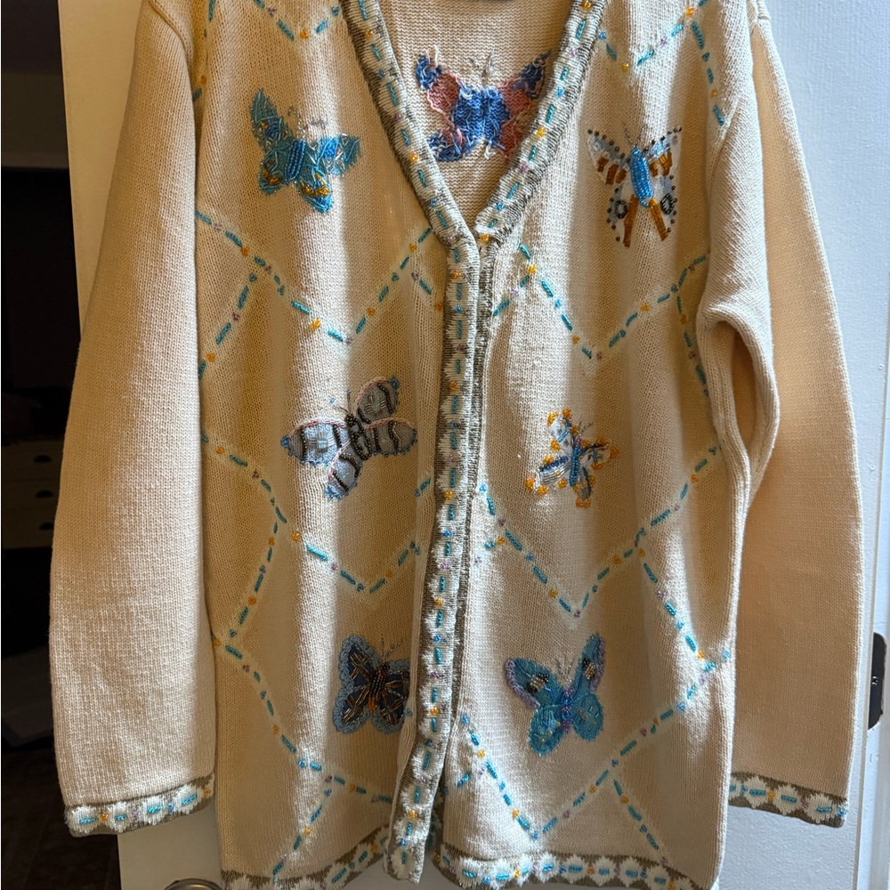 Storybook Knits Cream Cardigan with Butterfly Embroidery - Picture 2 of 14